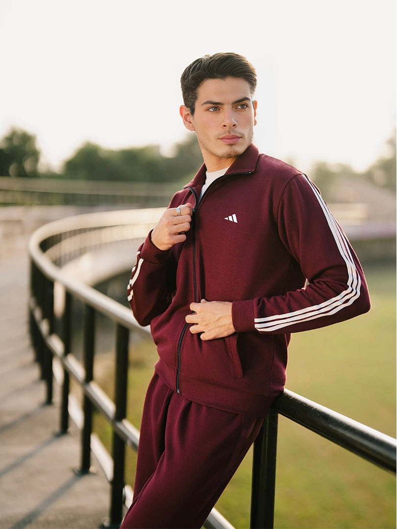 A.D.I.D.A.S Mock Neck Tracksuit in Maroon with White Strip